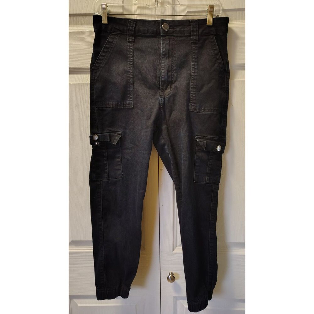 V.I.P. Jeans Black Coated Denim Cargo Joggers High Waisted Size 11/30 Regular